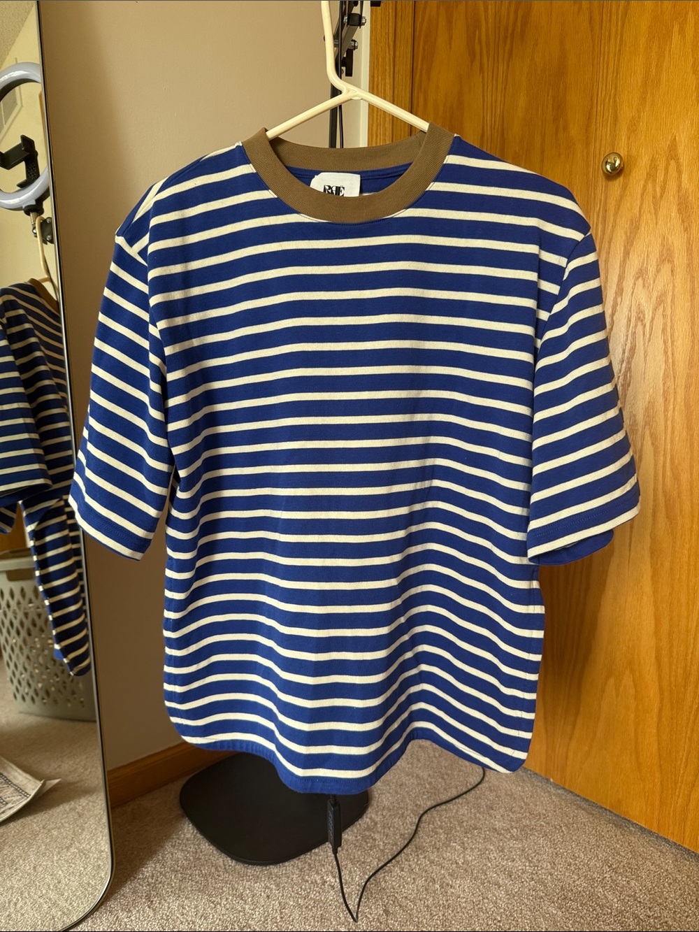 RAE Blue and Cream Striped Short Sleeve Tee with Brown Trim